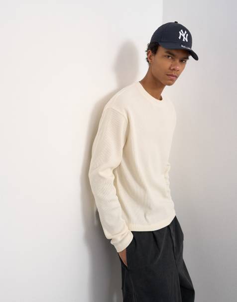 Topman – Naturvit t-shirt med kort design, kraftig våffeltextur och långa ärmar - view 1