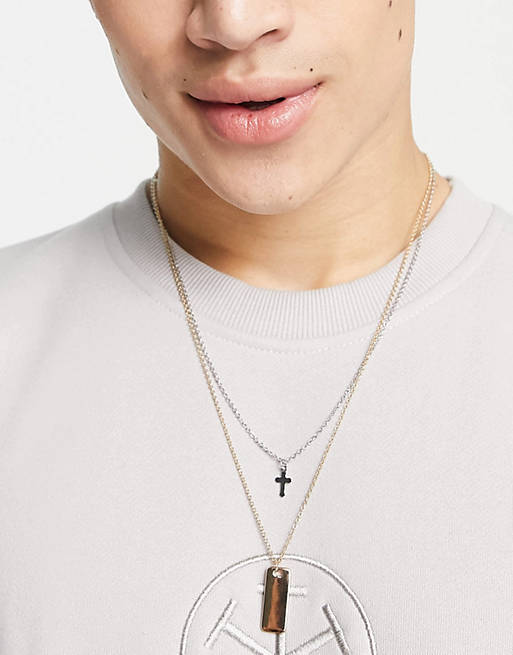 Topman neckchain with cross and dog tag in mixed metal