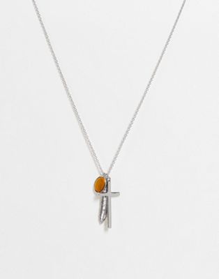 Topman necklace with cross and feather pendant in silver