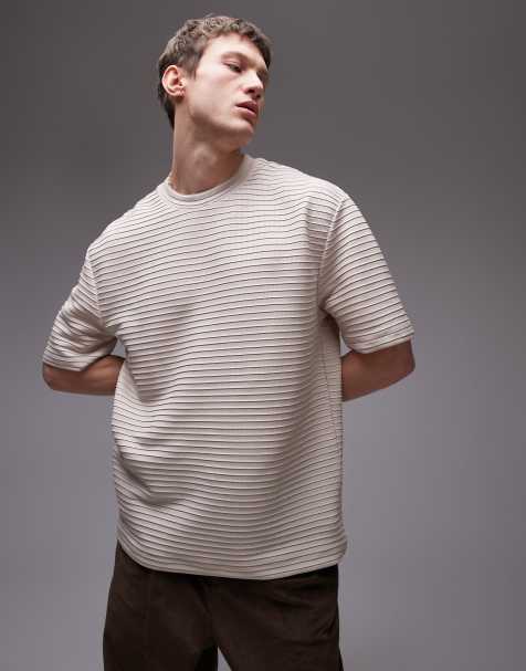 Topman - Net geribbeld T-shirt met oversized pasvorm in stone - view 1