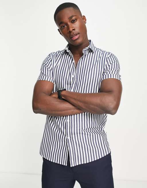 Topman - Net gestreept overhemd met korte mouwen in marineblauw en wit
