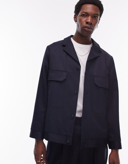 Topman - Net Harrington colbert van wolmix in marineblauw