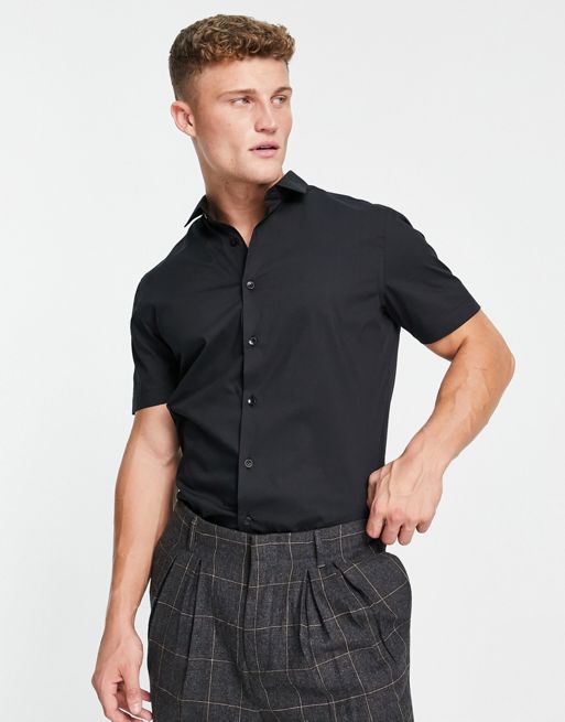 Topman - Net overhemd met korte mouwen en stretch in zwart 