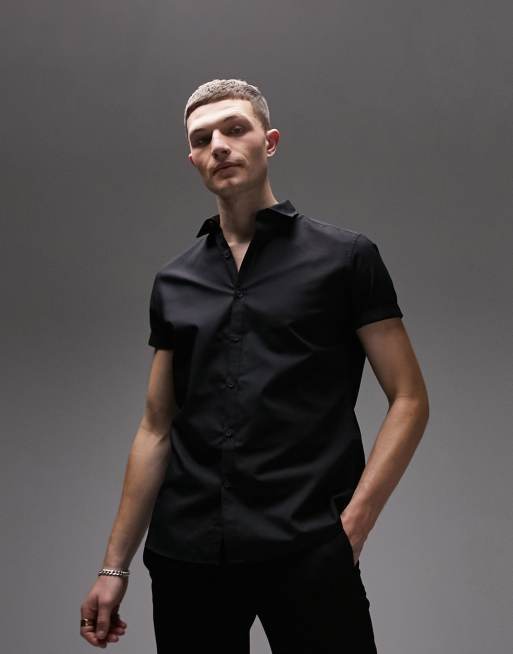 Topman - Net slim-fit overhemd met korte mouwen in zwart