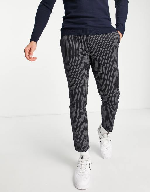 Topman - Nette broek met elastische tailleband en krijtstreep in marineblauw