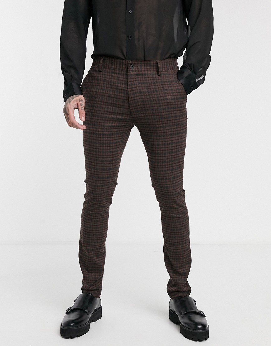 Topman - Nette skinny broek met ruitpatroon in bruin