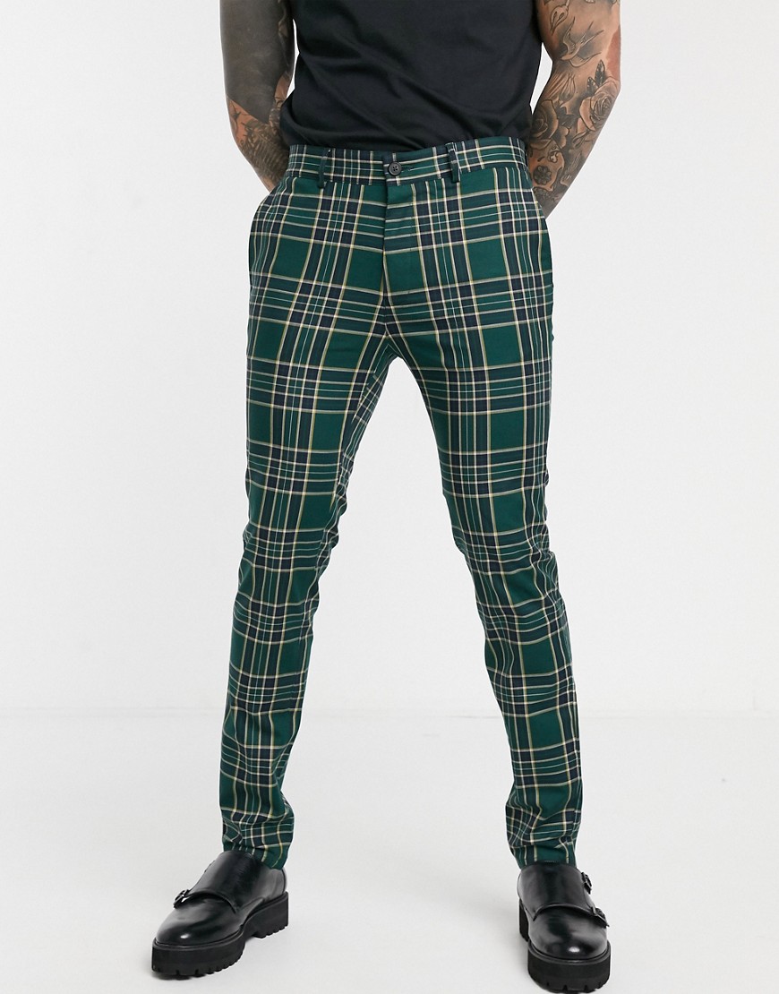 Topman - Nette skinny broek met ruitprint in groen en geel-Zwart