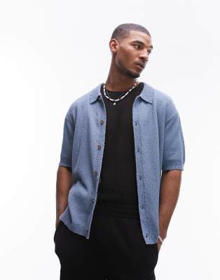 nibbled knit button up polo in blue