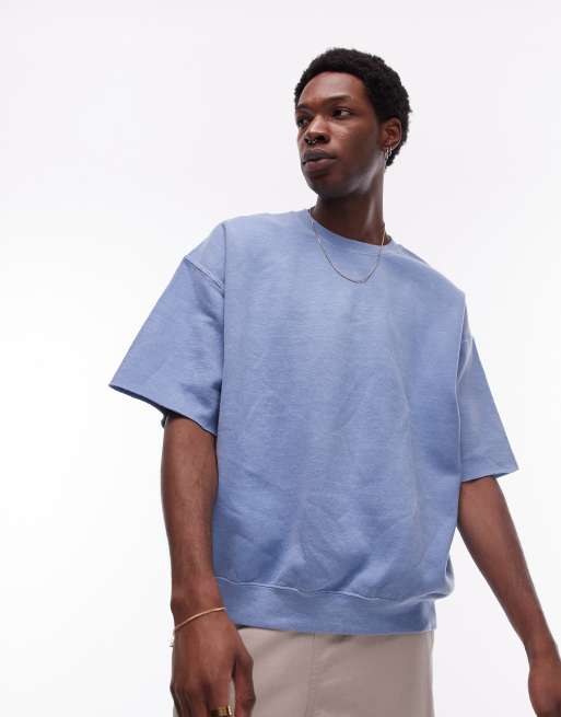 Topman – Niebieska bluza z krótkimi rękawami i efektem sprania w stylu vintage