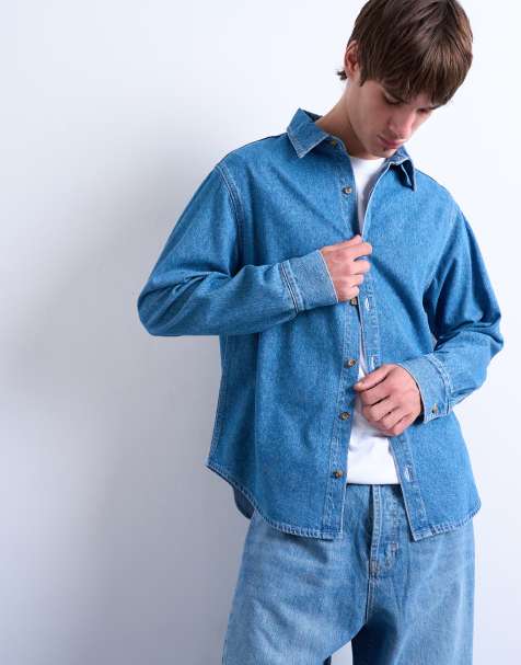 Topman regular fit denim long sleeve shirt in mid wash