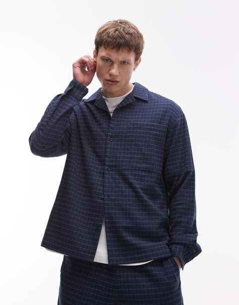 Topman long sleeve mid weight blue check shirt