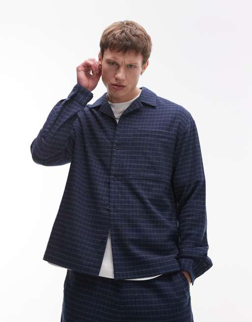 Topman – Niebieska koszula średniej grubości z długimi rękawami i wzorem w kratkę