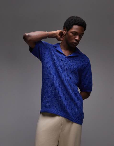 Topman knitted check crochet polo in blue