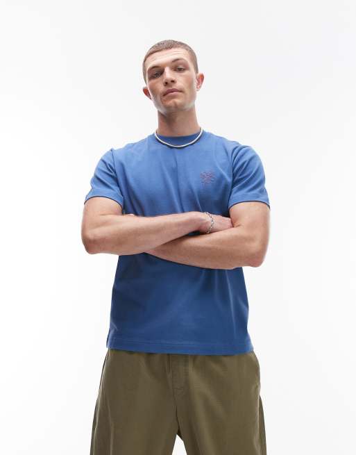 Topman – Niebieski krótki T-shirt z wyhaftowanym kwiatem, 3 z 4