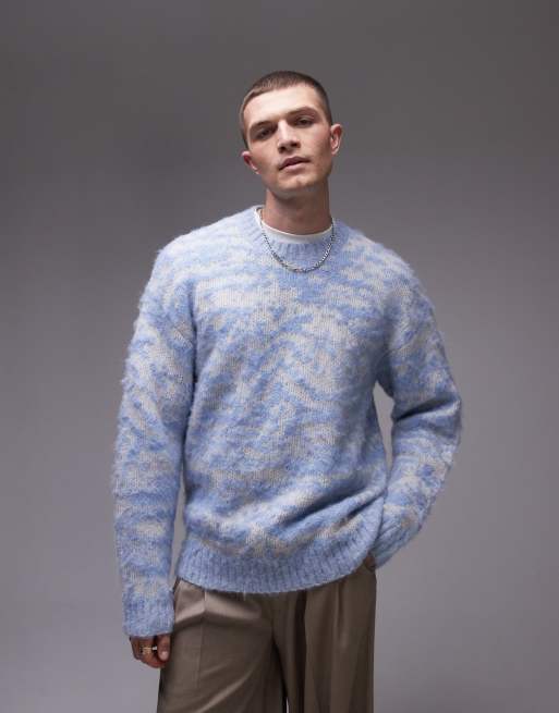 Topman – Niebieski szczotkowany sweter oversize w zwierzęcy wzór