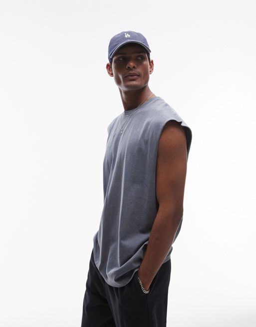 Topman – Niebieski T-shirt oversize bez rękawów z efektem sprania