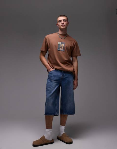 Topman denim mid length jort in mid wash blue
