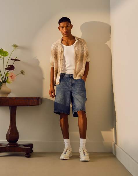 Topman denim carpenter short in mid wash blue
