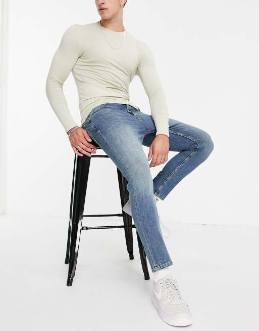Topman – Niebieskie zwężane jeansy ze stretchem i zielonym zabarwieniem