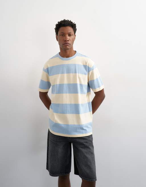 Topman – Niebiesko-kremowy luźny T-shirt w szerokie paski , 2 z 5