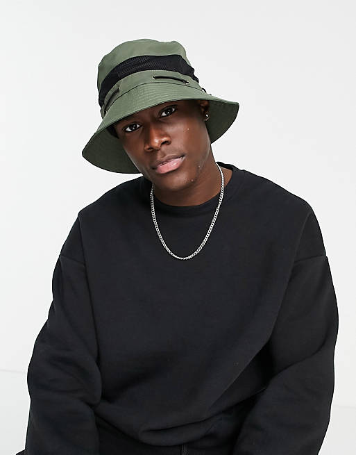 Men Caps & Hats/Topman nylon bucket hat in khaki 