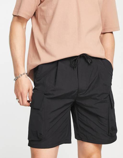 Topman nylon cargo shorts in black