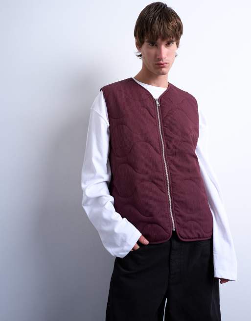 Topman onion quilted vest in burgundy, 5 of 5