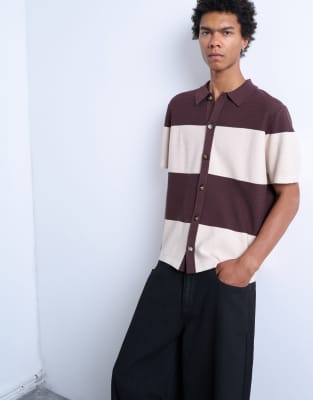 open knit block shirt in stone and ecru-Neutral