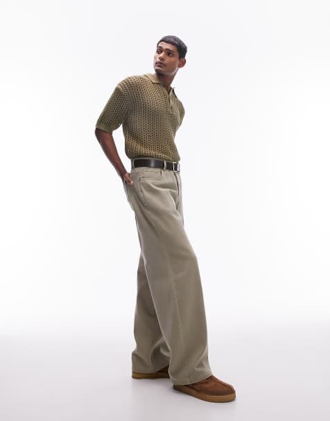 Topman open knit crochet polo in khaki - view 1
