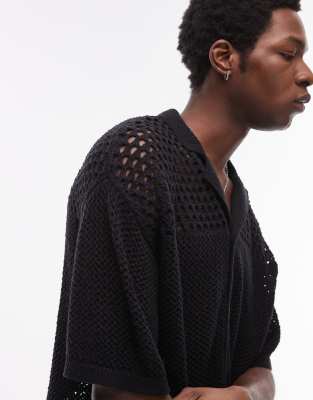 Topman Oversized Fit Button Up Jersey Crochet Polo In Black In Black