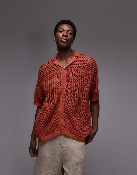Topman open knit pattern polo in rust - view 1