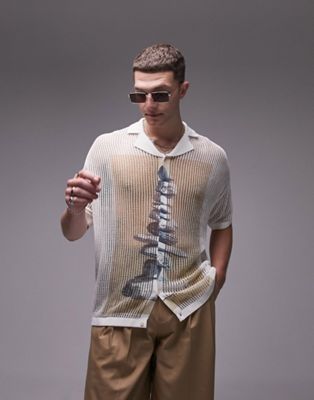 Topman open knitted shirt with front print in ecru