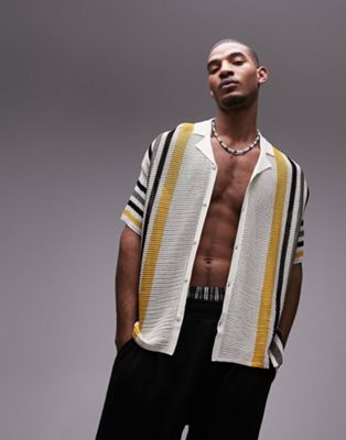 Topman open knitted shirt with stripes in white