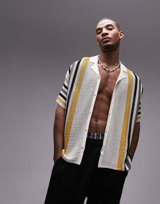 open knitted shirt with stripes in white-Multi