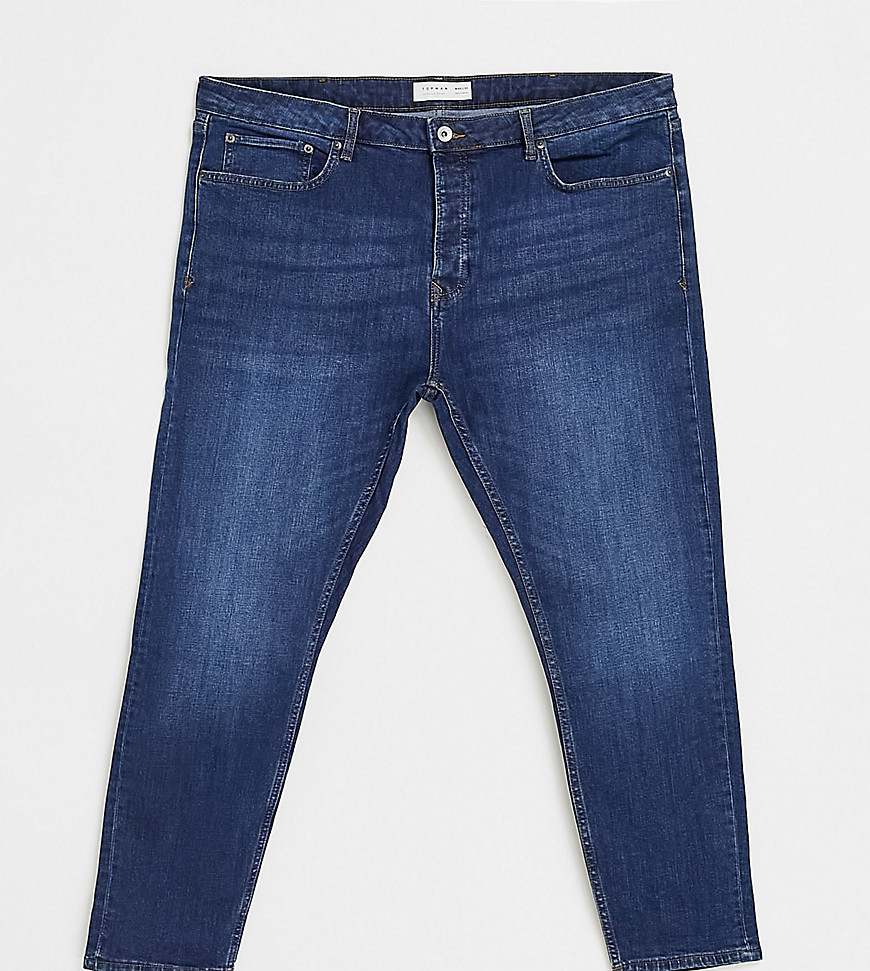 Topman organic cotton blend big & tall stretch skinny jeans in mid wash-Blue