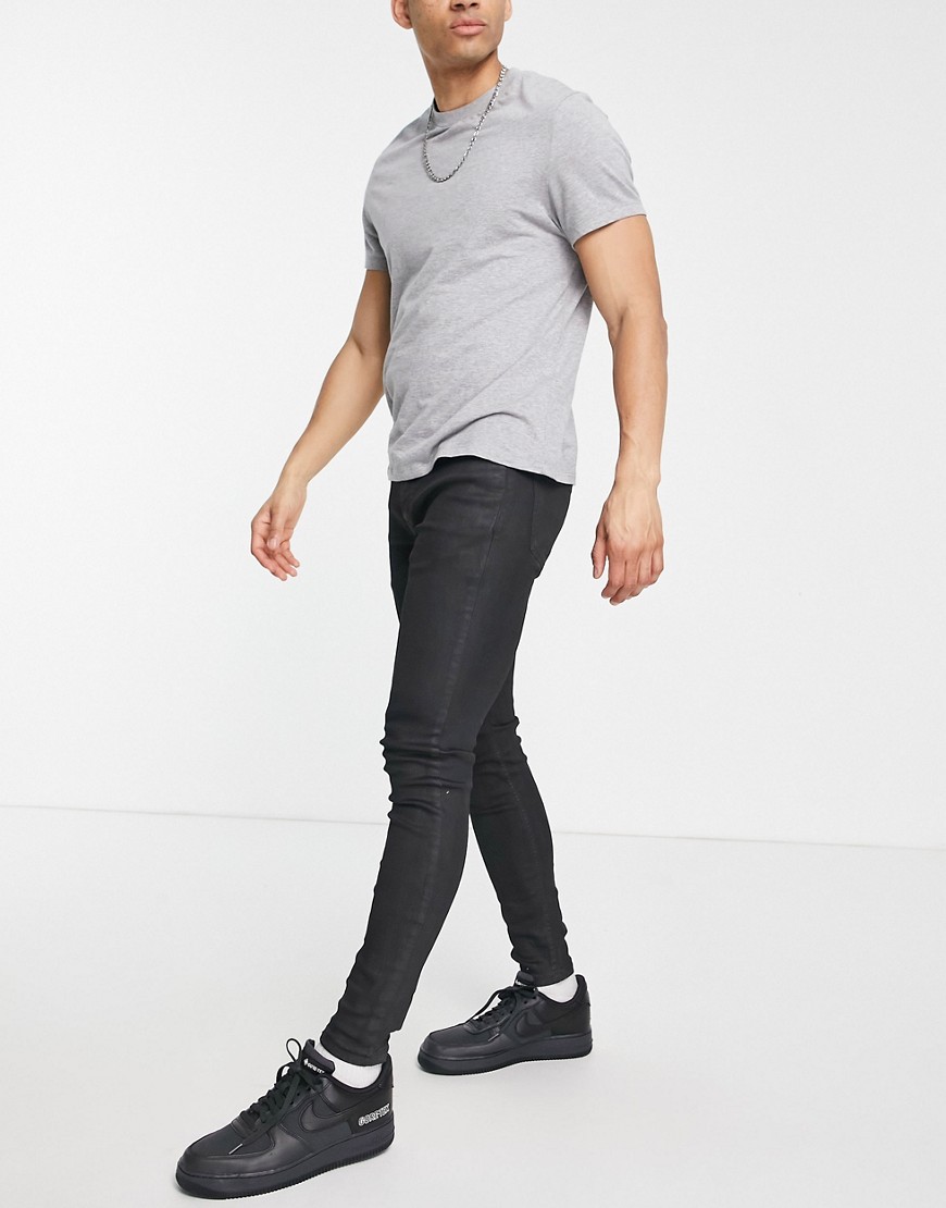 Topman organic cotton blend spray on coated jeans in black