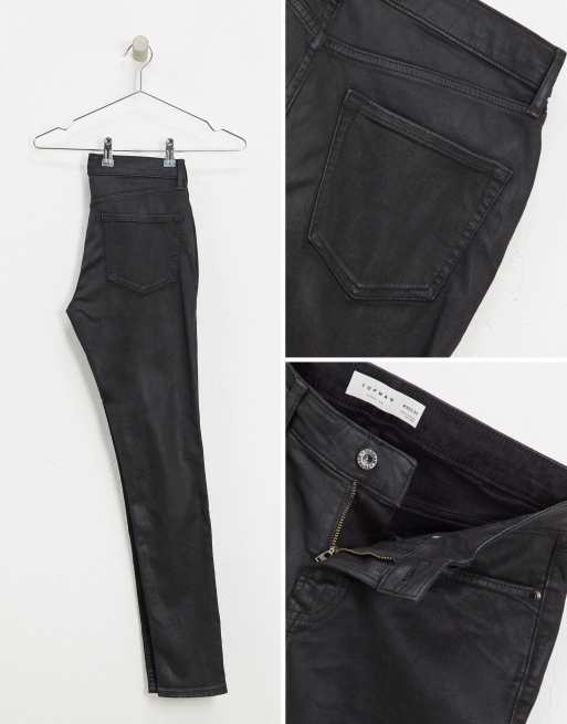 Topman organic cotton blend spray on jeans in coated black, 3 of 4