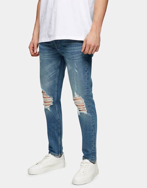 Topman organic cotton blend stretch skinny ripped jeans in mid wash ASOS