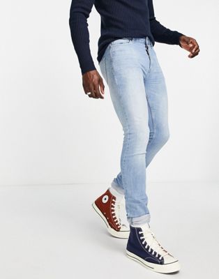 Topman tall stretch skinny jeans in light wash blue