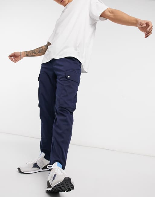 Topman organic cotton blend tapered cargos in navy