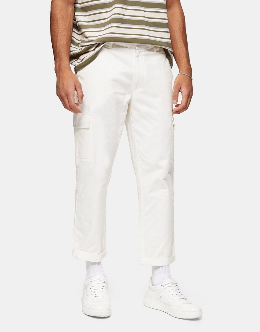 Topman organic cotton wide leg cargo pants in white