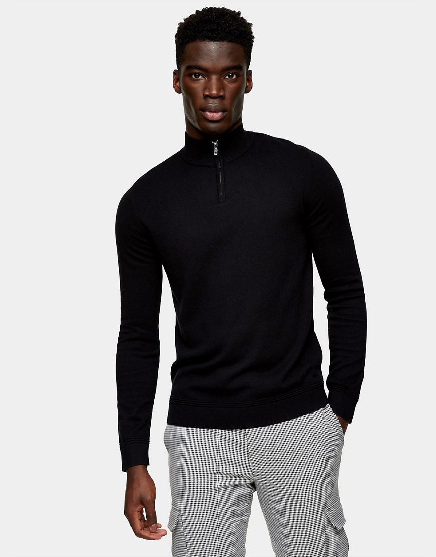 Topman organic knitted turtle neck sweater with zip in black