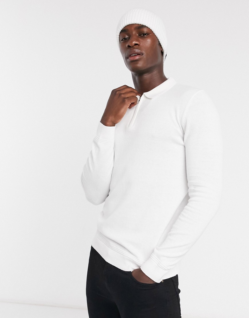 Topman organic long sleeve knitted polo with zip in white