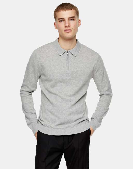 Topman organic long-sleeved knitted polo with zip in grey marle