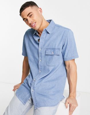 Topman short sleeve denim shirt in light wash blue - MBLUE