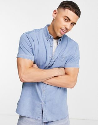 Topman short sleeve stretch denim shirt in light wash  - LBLUE