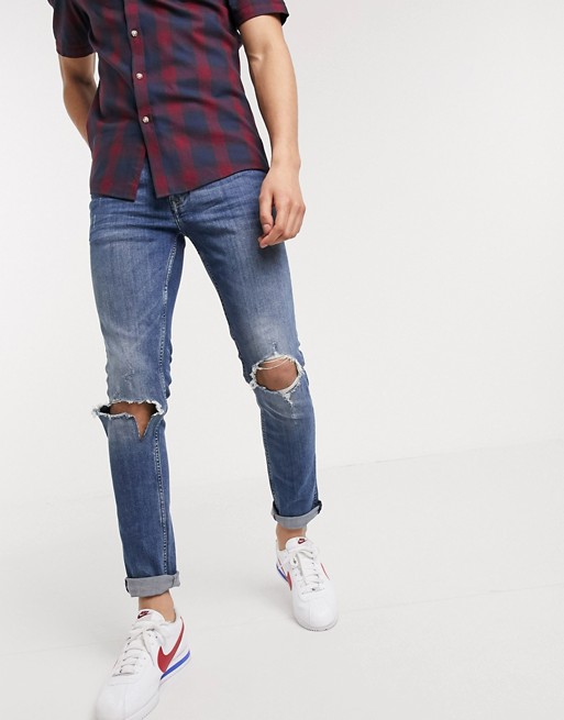 Topman organic cotton skinny jeans in mid wash blue