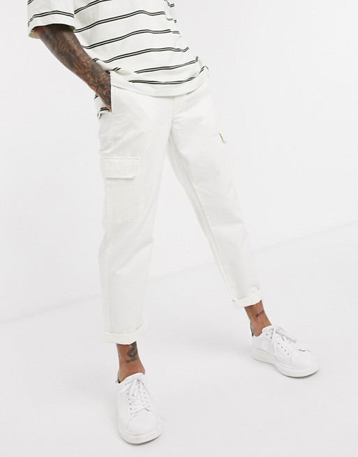Topman organic wide leg cargo trousers in white
