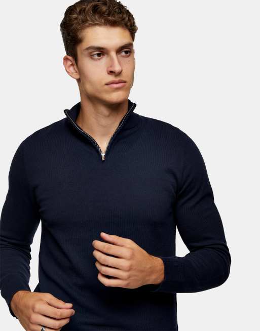 Topman organic zip turtle neck knitted jumper in navy | ASOS