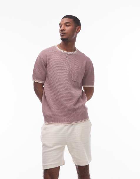 Topman ottoman knit t-shirt with piped collar and hem in mauve - view 1